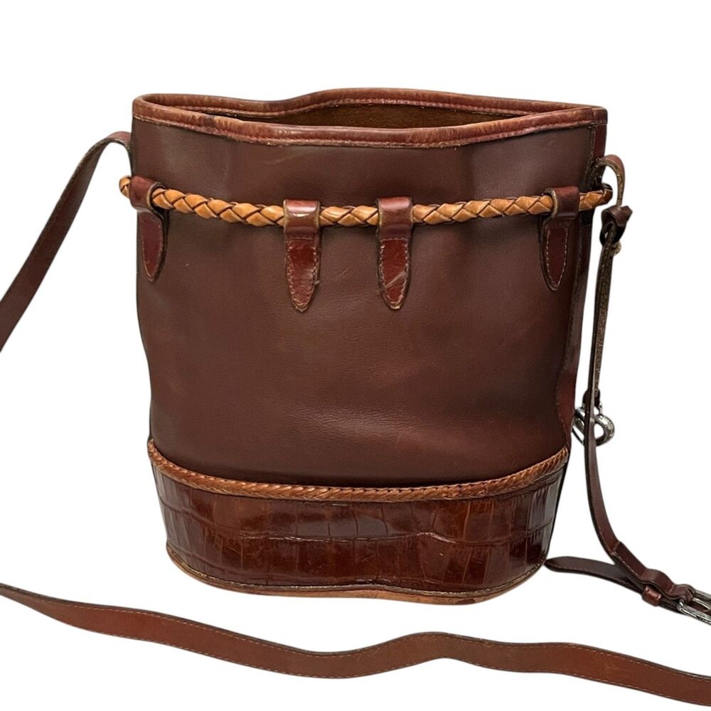 Brighton Vintage Brown Leather Bucket Bag Drawstring Crossbody Croc Trim Concho - Picture 3 of 11
